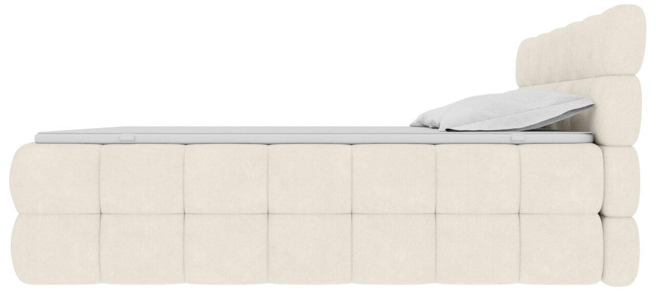 Beiges, gepolstertes Polsterbett mit hohem, segmentiertem Kopfteil und Matratze, seitliche Ansicht (Profil) vor weißem Hintergrund