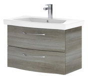 Moderner Waschtisch mit zwei Schubladen in Holzoptik, seitliche Perspektive