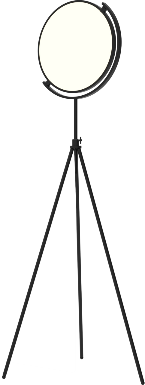 Schwarze LED-Stehleuchte mit rundem Lampenschirm auf einem dreibeinigen Stativ, seitliche Perspektive