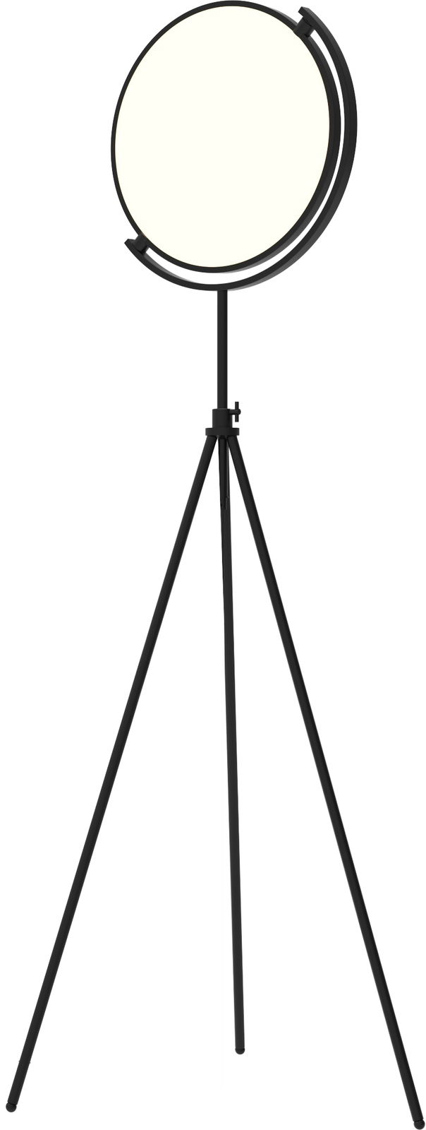 Schwarze LED-Stehleuchte mit rundem Lampenschirm auf einem dreibeinigen Stativ, seitliche Perspektive