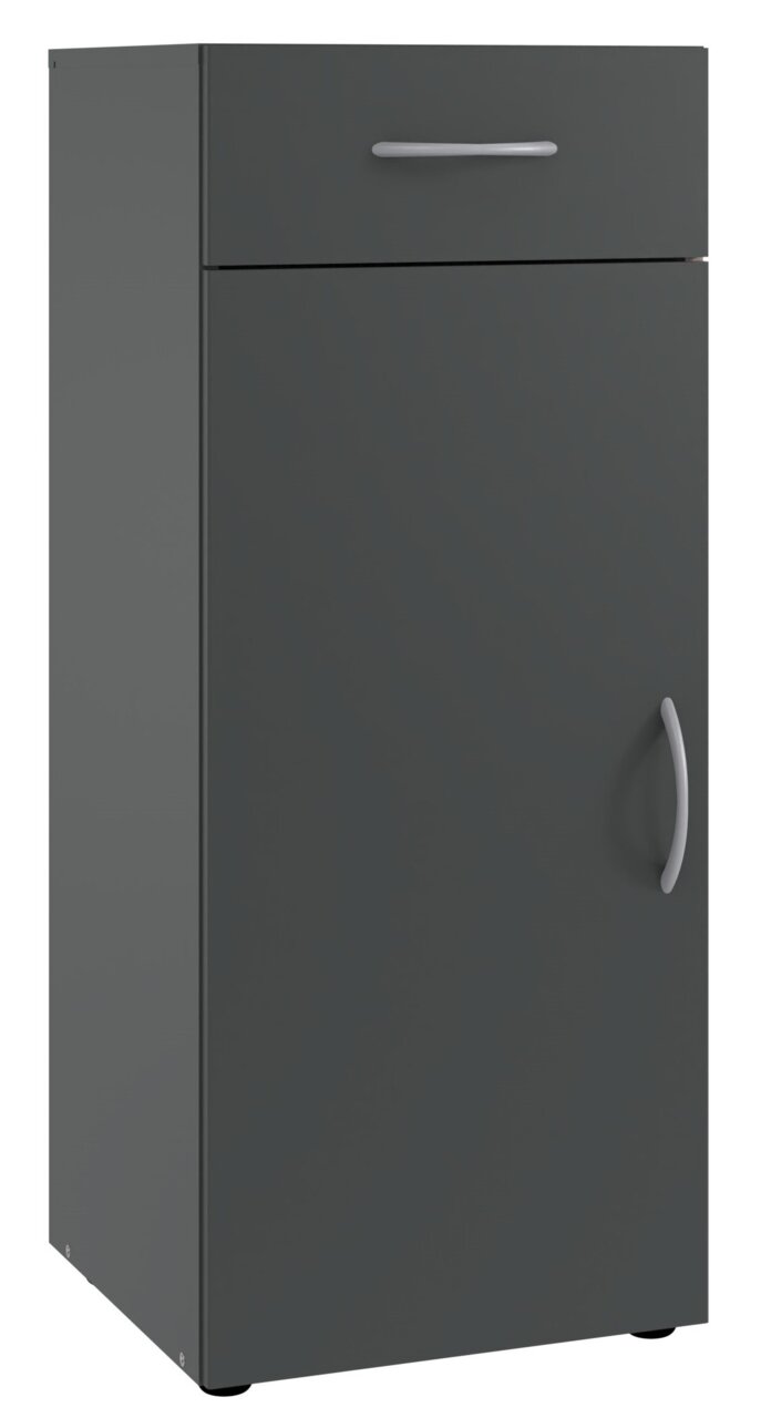 Graue Kommode mit einer Schublade und einer Tür, seitliche Perspektive