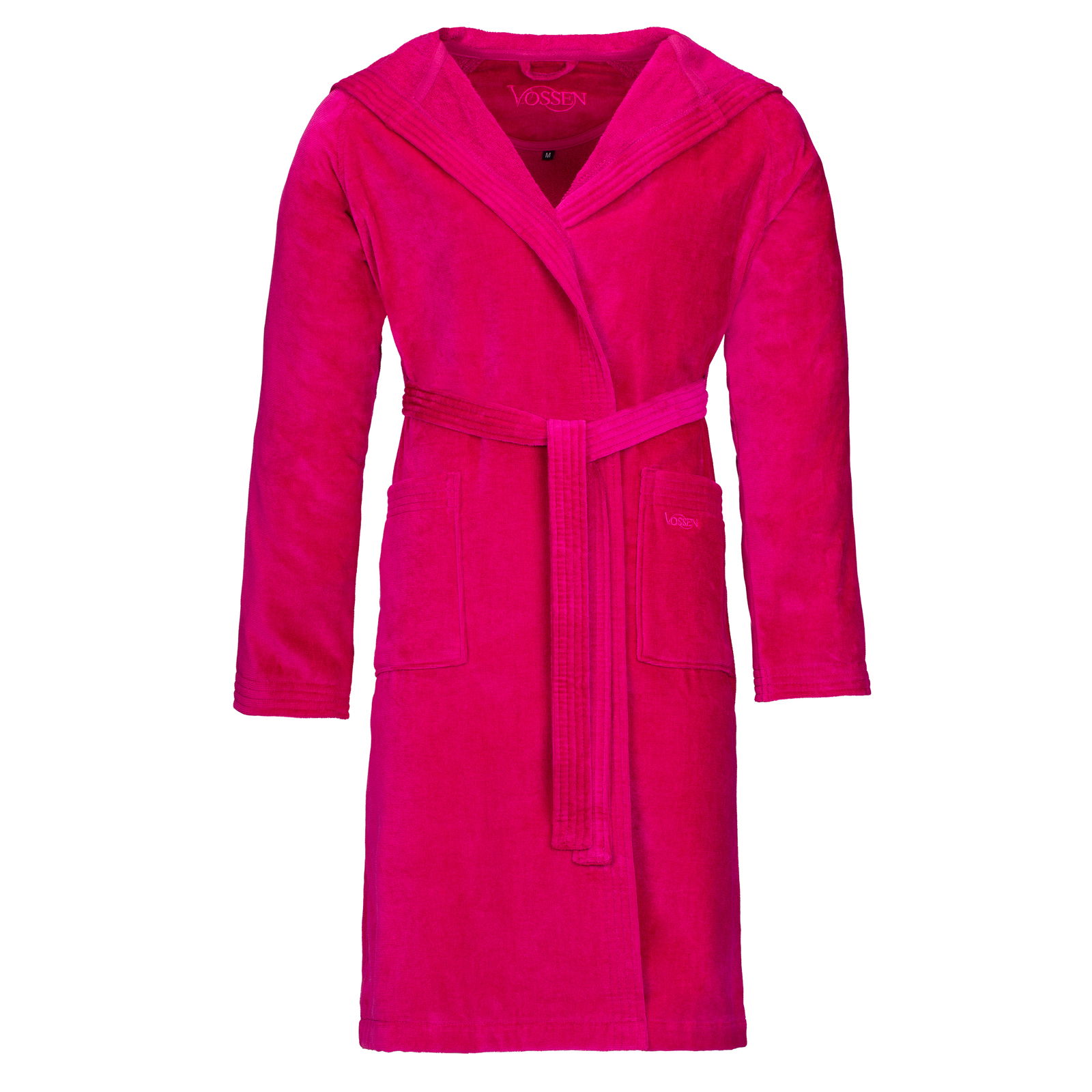 Fuchsiafarbener Bademantel mit Kapuze und Gürtel, Vorderansicht