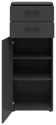 Schwarze Kommode mit zwei Schubladen und einer offenen Tür, die zwei Regalböden zeigt, frontale Ansicht