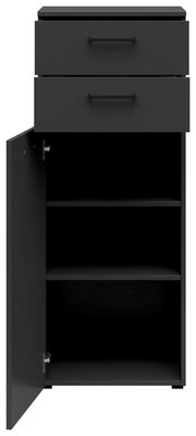 Schwarze Kommode mit zwei Schubladen und einer offenen Tür, die zwei Regalböden zeigt, frontale Ansicht