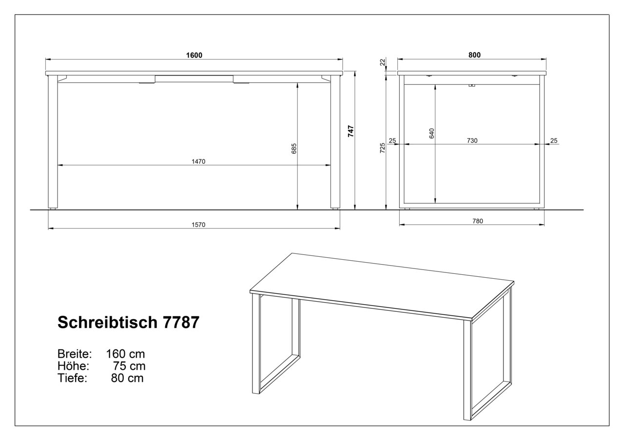 Technische Zeichnung des Schreibtischs 7787 mit Maßangaben (Breite 160 cm, Höhe 75 cm, Tiefe 80 cm), dargestellt in Vorder- und Seitenansicht sowie in schräger Perspektive von vorne oben.