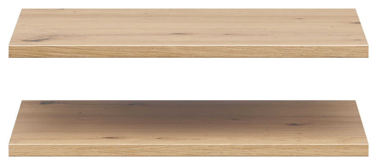 Zwei hölzerne Einlegeböden in natürlicher Holzoptik, von vorne betrachtet.