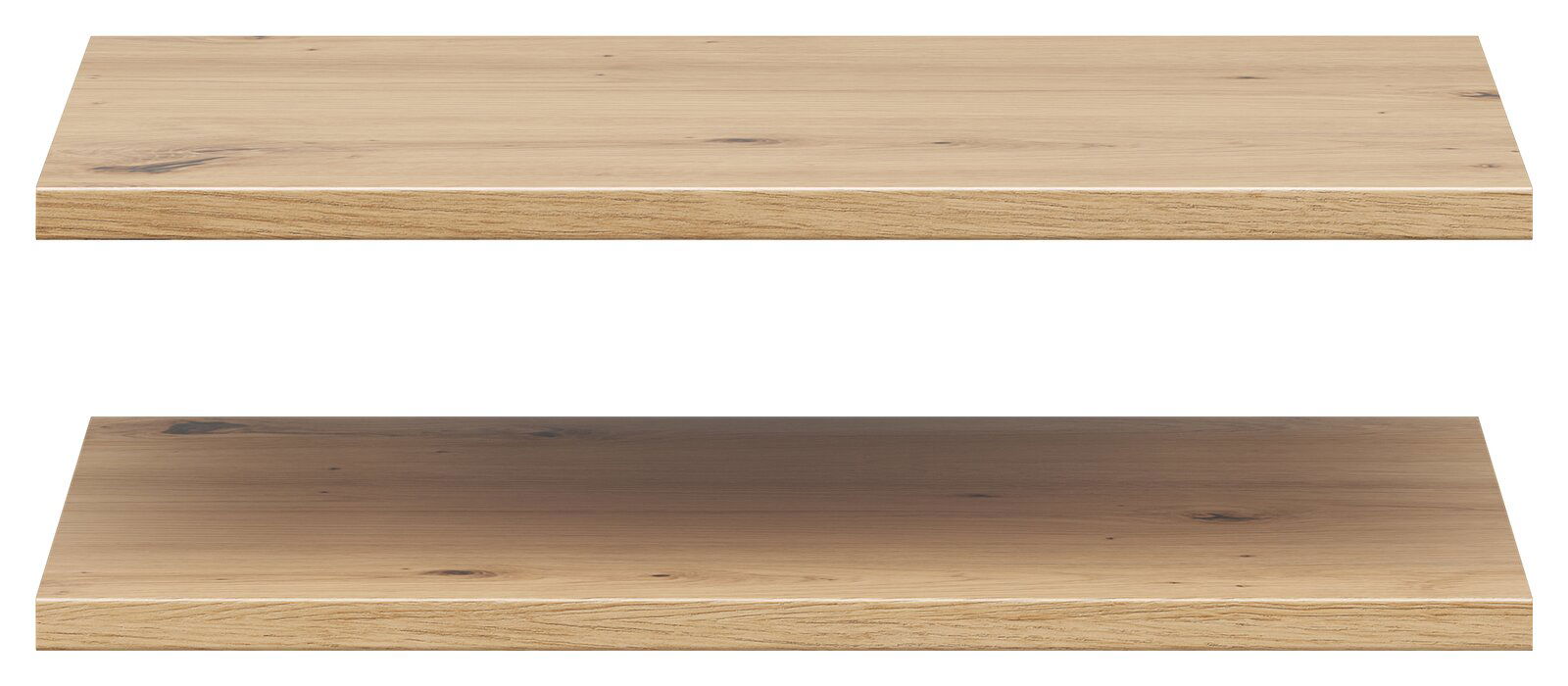 Zwei hölzerne Einlegeböden in natürlicher Holzoptik, von vorne betrachtet.