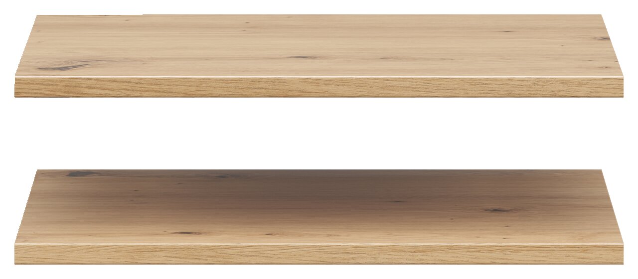 Zwei hölzerne Einlegeböden in natürlicher Holzoptik, von vorne betrachtet.