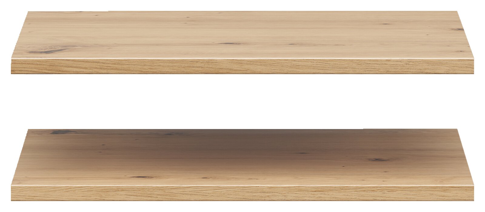 Twee houten legplanken met een natuurlijke houtlook, gezien vanaf de voorkant.