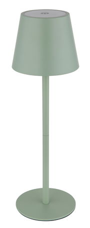 Grüne Akku-Tischleuchte VANNIE 3 in seitlicher Ansicht mit konischem Schirm und rundem Sockel.