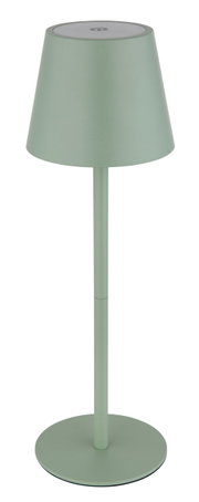 Groene accu-tafellamp VANNIE 3 in zijaanzicht, met een conische kap en een ronde voet.