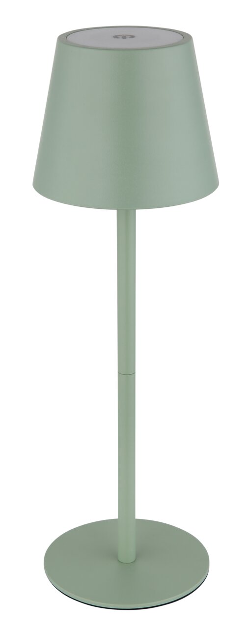Groene accu-tafellamp VANNIE 3 in zijaanzicht, met een conische kap en een ronde voet.
