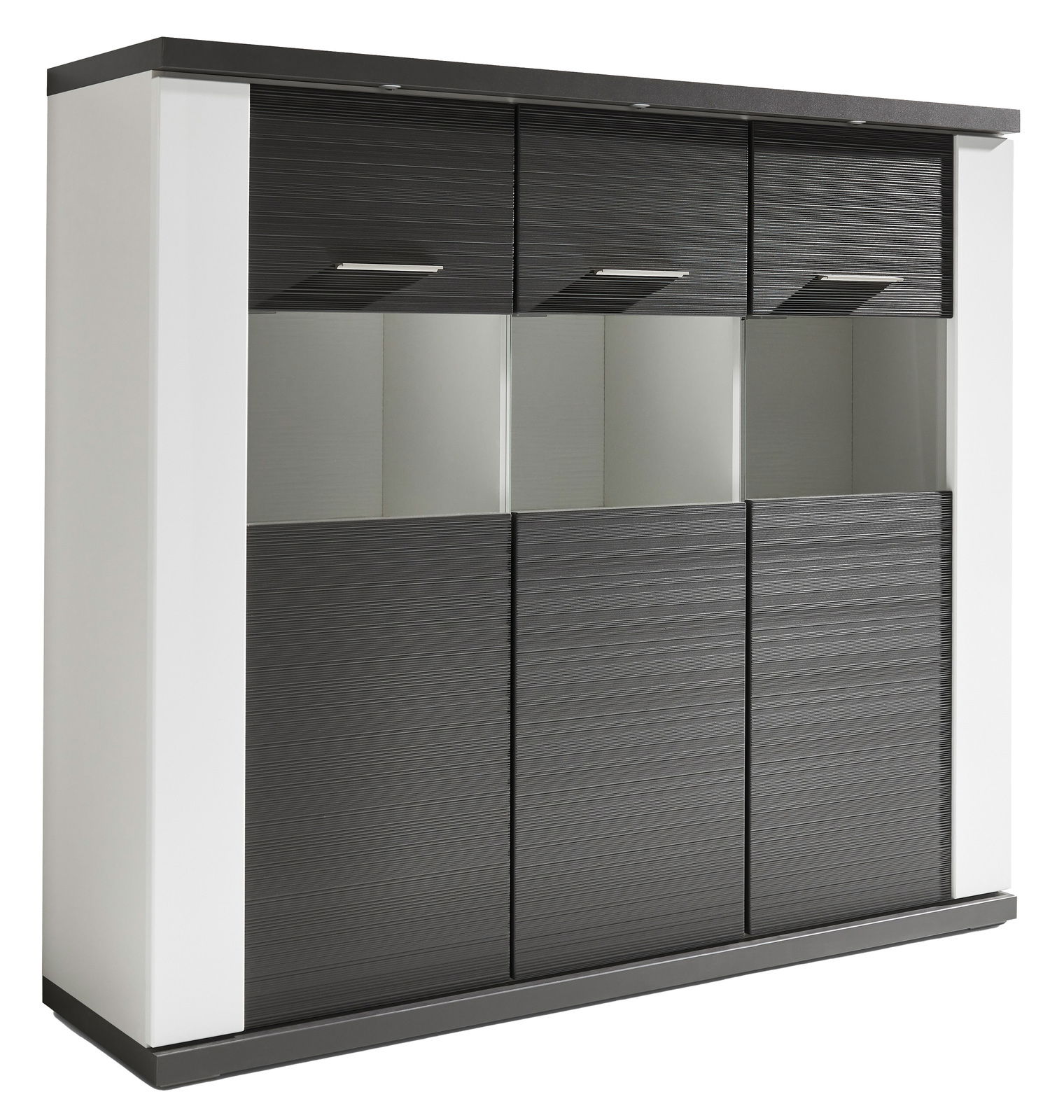 XORA Highboard MANHATTAN Modernes Highboard mit dunklen Türen und weißen Seiten, seitliche Perspektive