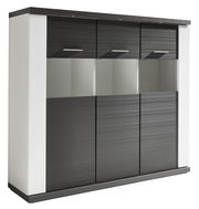 Modernes Highboard mit dunklen Türen und weißen Seiten, seitliche Perspektive