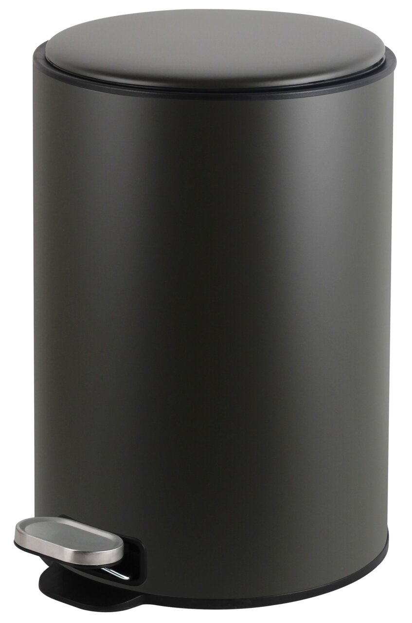 Runder, grauer Abfalleimer mit Pedalmechanismus, seitliche Perspektive