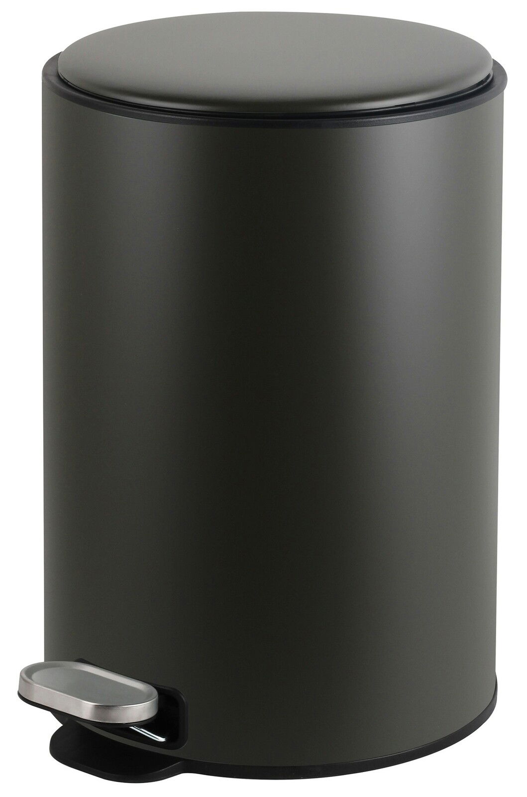 Runder, grauer Abfalleimer mit Pedalmechanismus, seitliche Perspektive