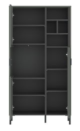 Geöffnete Highboardvitrine SHIRLEY mit mehreren Regalfächern, frontal betrachtet.