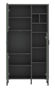 Geöffnete Highboardvitrine SHIRLEY mit mehreren Regalfächern, frontal betrachtet.