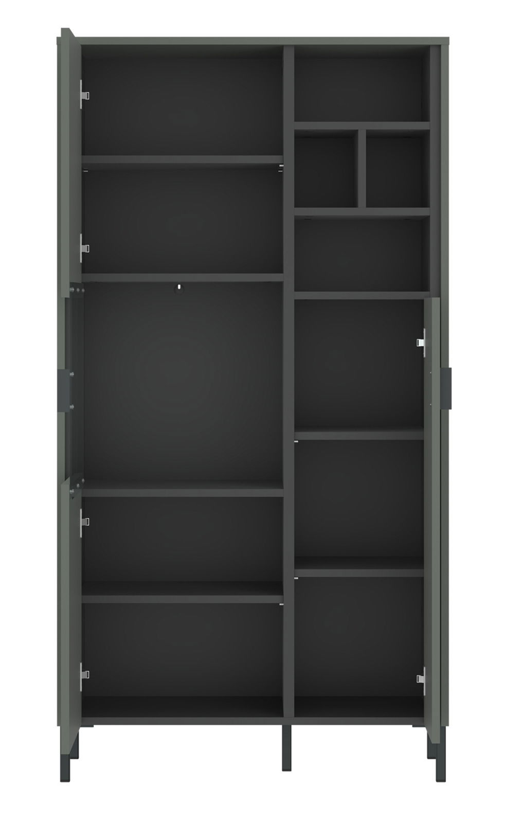 Geöffnete Highboardvitrine SHIRLEY mit mehreren Regalfächern, frontal betrachtet.