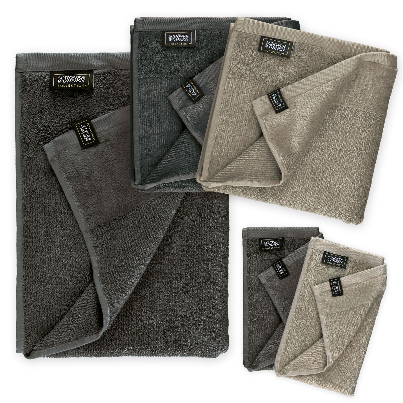 Frottierset 5-teilig in verschiedenen Grautönen, ausgebreitet in Draufsicht.