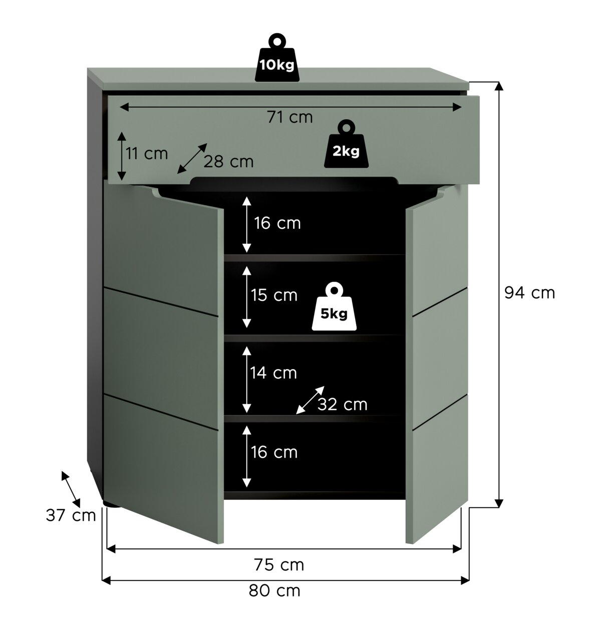 Grauer Unterschrank mit geöffneten Türen und Schublade, Maßangaben und Belastungsangaben (B 80 cm, H 94 cm, Tiefe 37 cm), Frontansicht leicht schräg von vorn