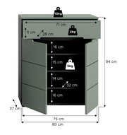 Grauer Unterschrank mit geöffneten Türen und Schublade, Maßangaben und Belastungsangaben (B 80 cm, H 94 cm, Tiefe 37 cm), Frontansicht leicht schräg von vorn