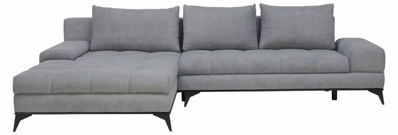 Graues Ecksofa mit drei Rückenkissen, linke Perspektive