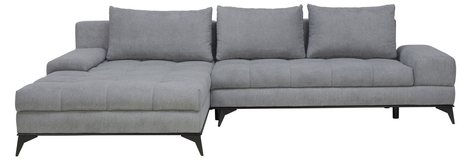 Graues Ecksofa mit drei Rückenkissen, linke Perspektive