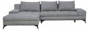 Graues Ecksofa mit drei Rückenkissen, linke Perspektive