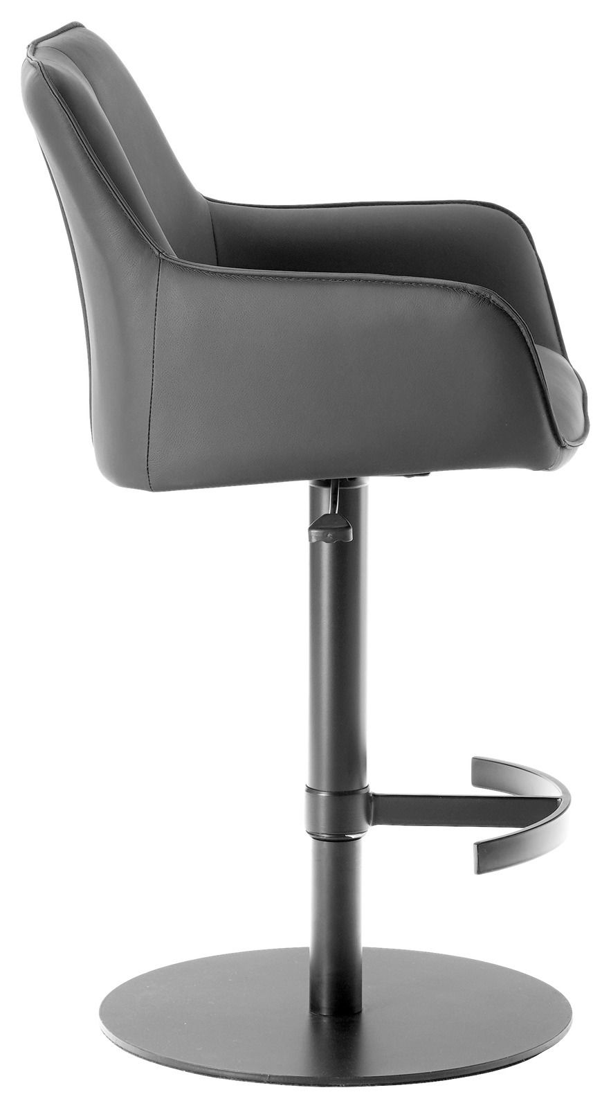 Seitenansicht eines modernen, schwarzen Barhockers mit gepolsterter Rückenlehne und Fußstütze.