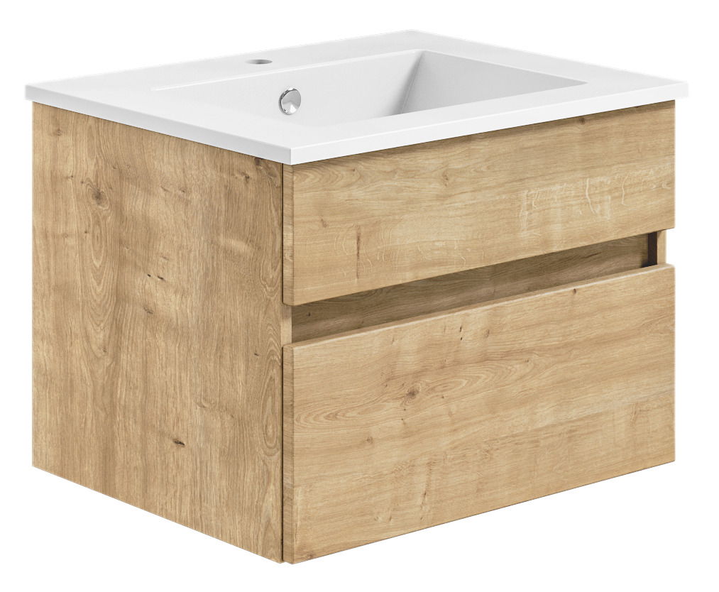 Waschtisch mit Holzoptik und weißem Waschbecken, seitliche Perspektive