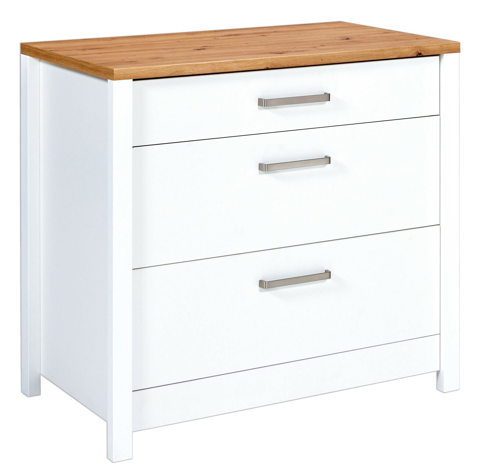 Weißer Schubkastenunterschrank mit drei Schubladen und Holzplatte, seitliche Perspektive