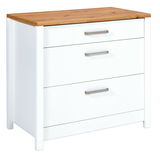 Weißer Schubkastenunterschrank mit drei Schubladen und Holzplatte, seitliche Perspektive