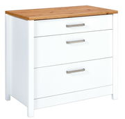 Weißer Schubkastenunterschrank mit drei Schubladen und Holzplatte, seitliche Perspektive