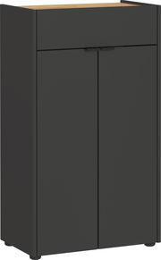 Schwarze Kommode mit zwei Türen und einer Schublade, Vorderansicht