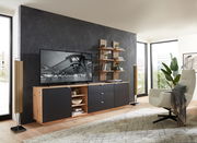 Modernes Wohnzimmer mit einem eleganten Wandpaneel in Holzoptik, das als Hintergrund für ein TV-Gerät und ein Regal mit Dekorationen dient. Perspektive von vorne.