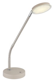 Moderne LED-Schreibtischlampe in Silber mit rundem Standfuß und flexiblem Schwanenhals, frontal in leichter Seitenansicht vor weißem Hintergrund