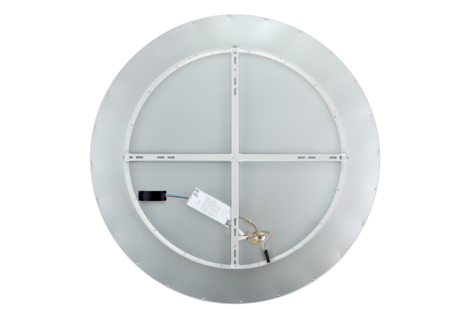 Ronde led-plafondlamp met metalen achterkant, montageframe en zichtbare driver inclusief kabels, achteraanzicht van bovenaf op een witte achtergrond