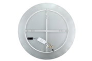 Ronde led-plafondlamp met metalen achterkant, montageframe en zichtbare driver inclusief kabels, achteraanzicht van bovenaf op een witte achtergrond