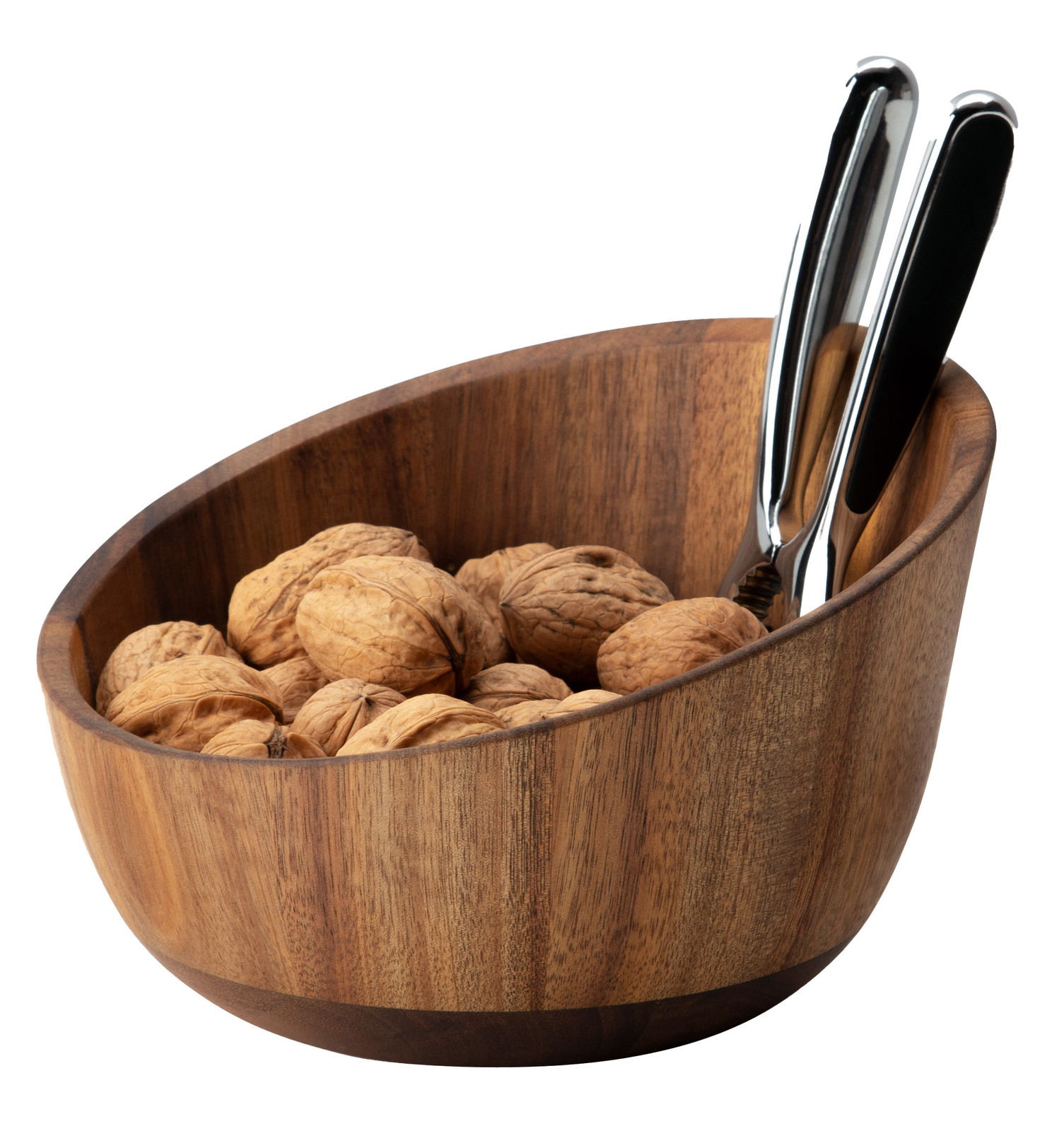 Holzschale mit Walnüssen und einem Nussknacker, seitliche Perspektive