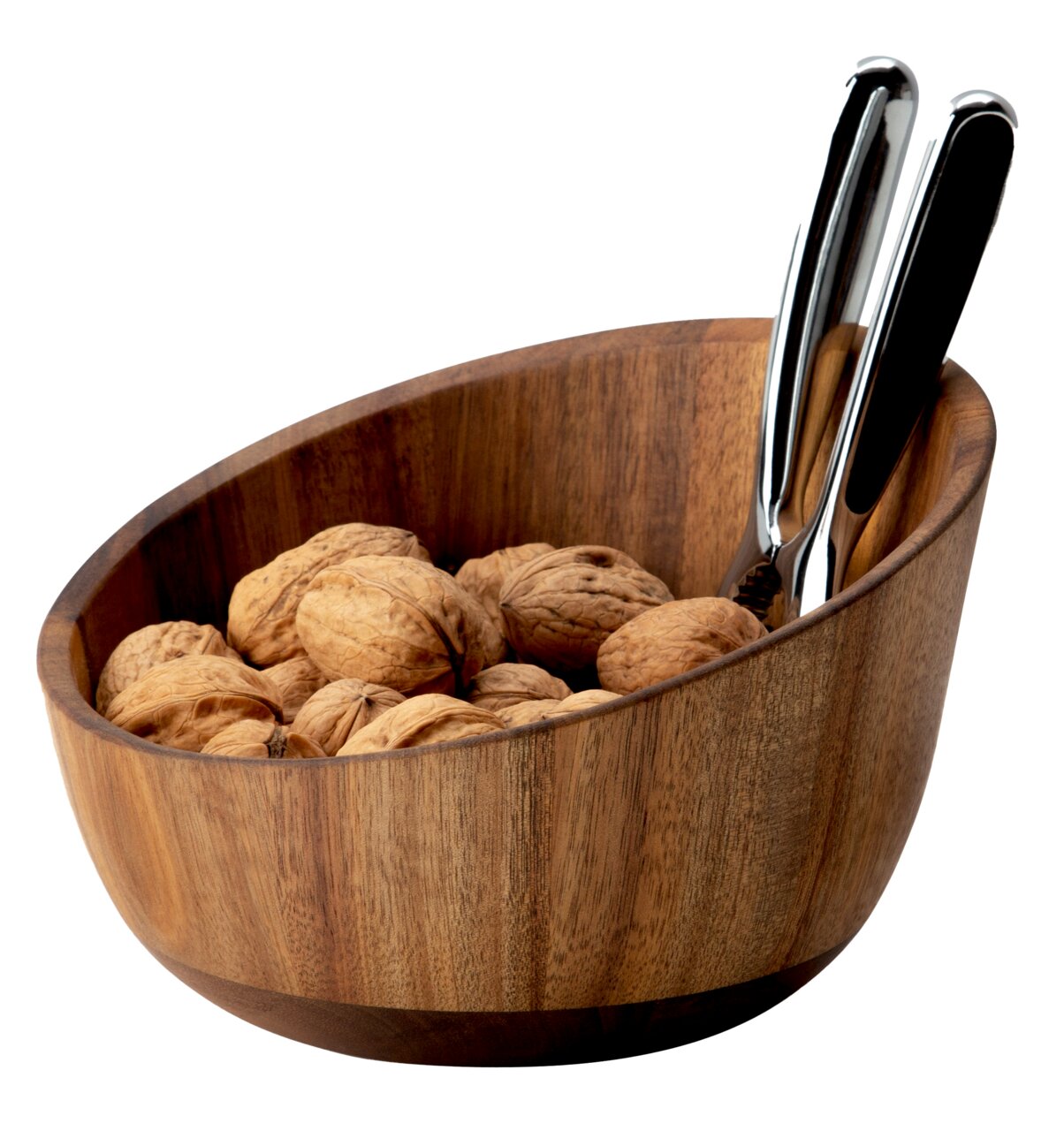 Holzschale mit Walnüssen und einem Nussknacker, seitliche Perspektive