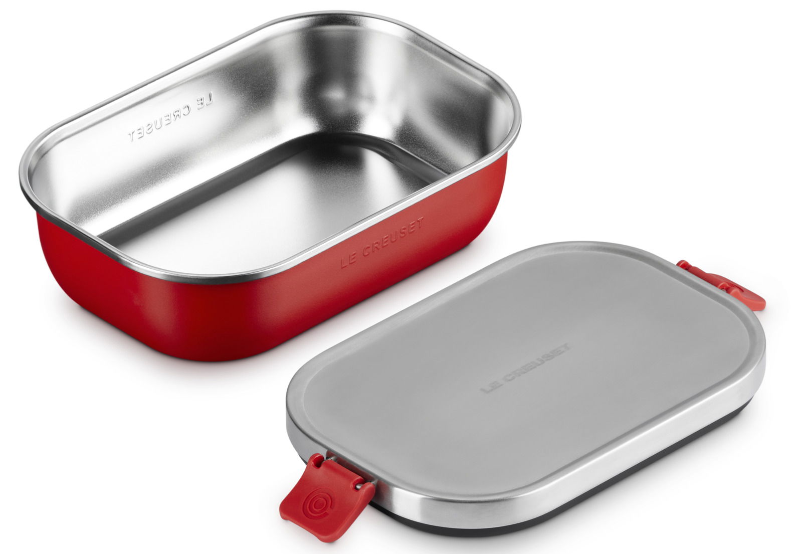 Rote Lunchbox aus Edelstahl mit abnehmbarem Deckel, perspektivisch von oben fotografiert.