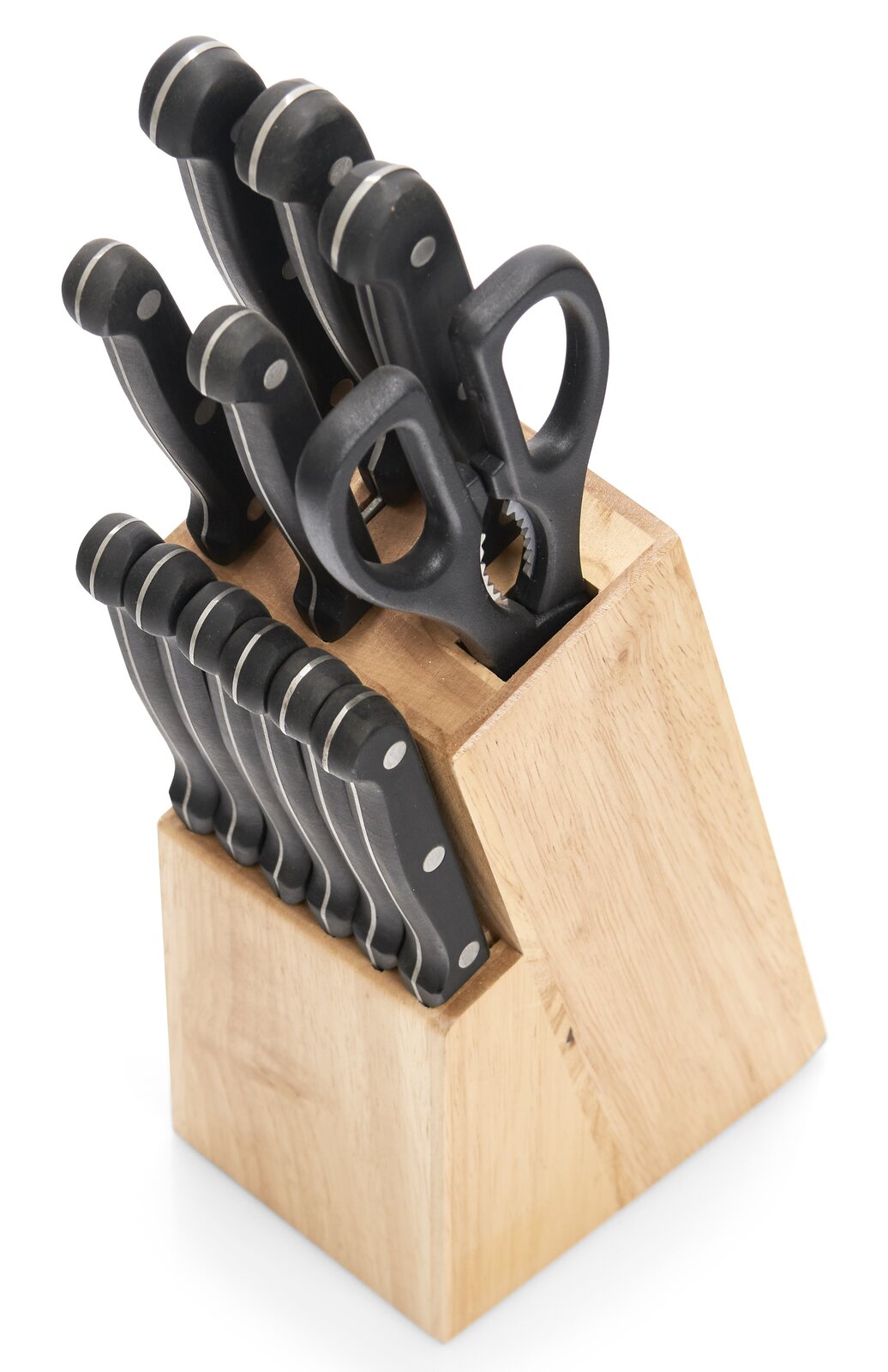 Messerblock-Set mit 13 Teilen, darunter mehrere Messer und eine Schere, in einem Holzblock aus schräger Perspektive.