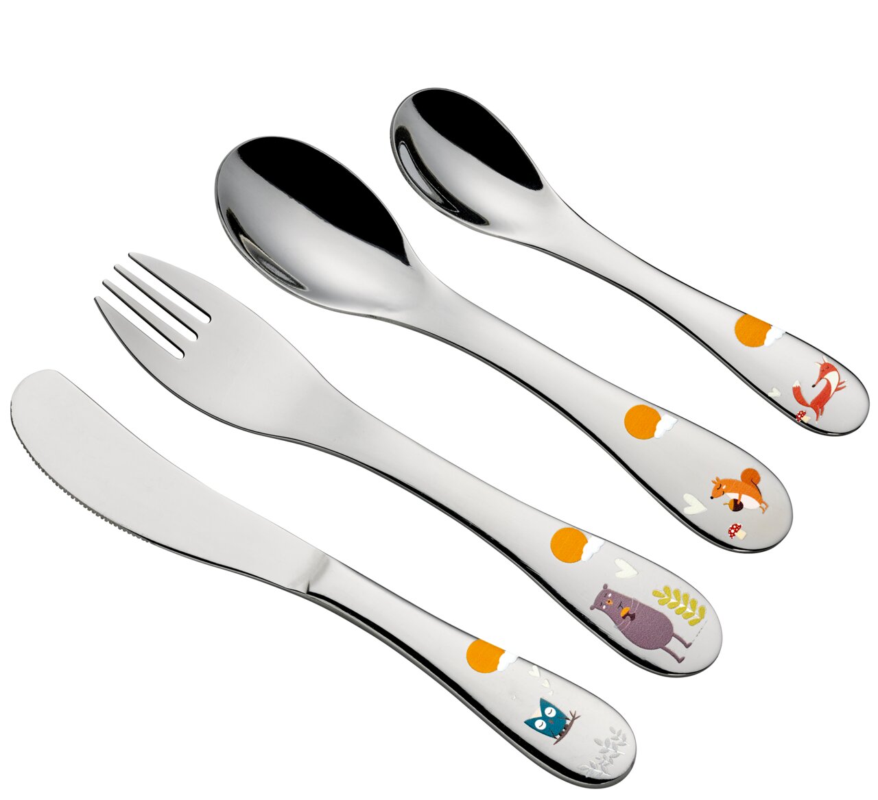 Kinderbesteck FOREST 4-teilig, bestehend aus Messer, Gabel, Löffel und Teelöffel mit Waldtiermotiven auf den Griffen, aus der Vogelperspektive.