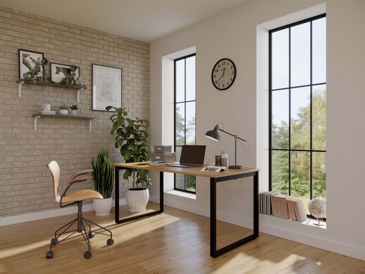 Moderner Schreibtisch mit Holzplatte und schwarzem Metallgestell im Homeoffice, seitliche Perspektive mit Blick auf Ziegelwand, Fenster und Arbeitsplatz-Accessoires