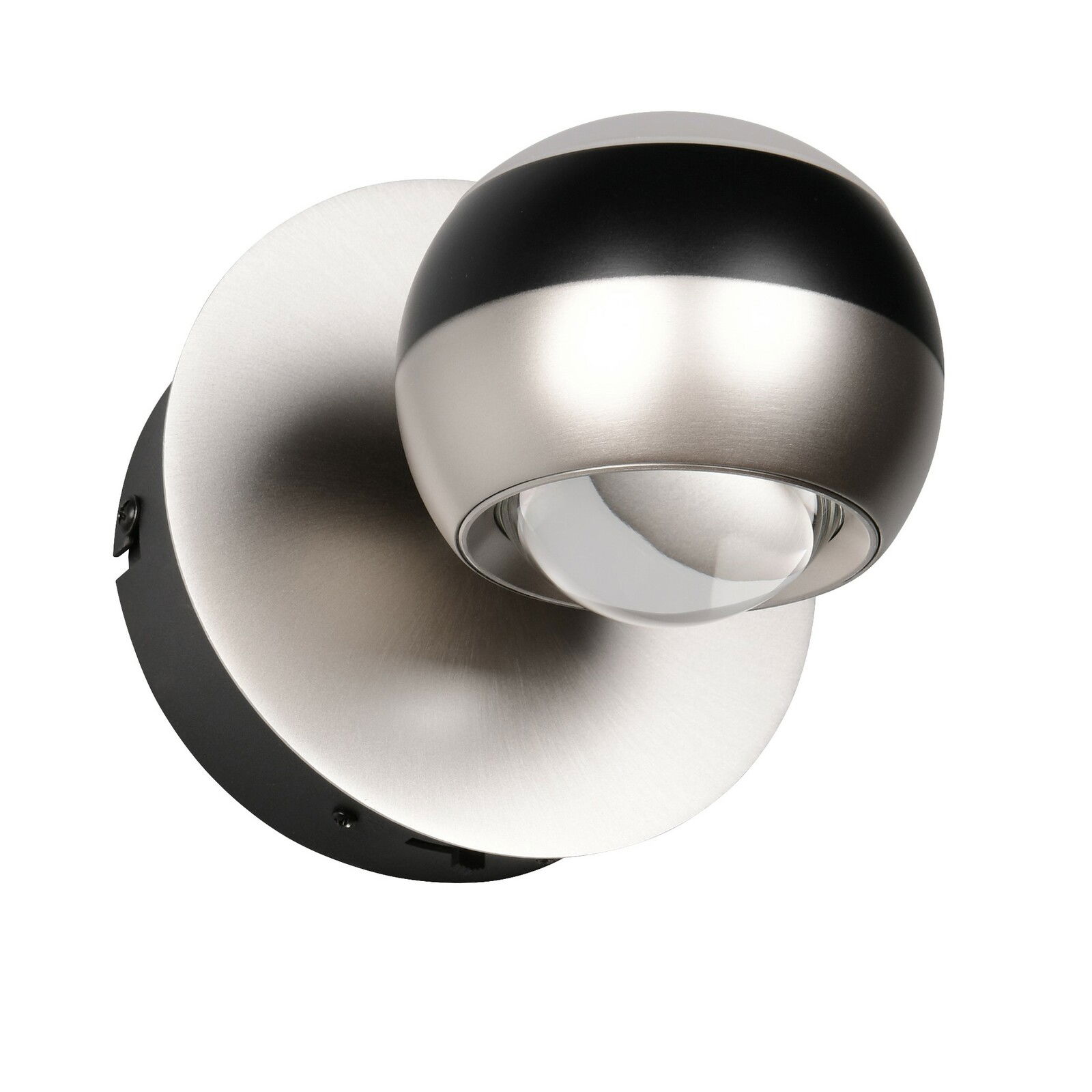 Moderne Wandleuchte ORBIT in Silber und Schwarz, seitliche Perspektive