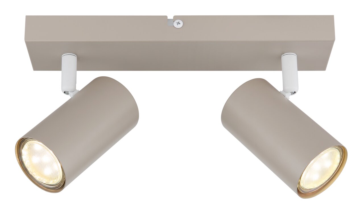Zweiflammiger Deckenstrahler in Beige aus der Frontalperspektive