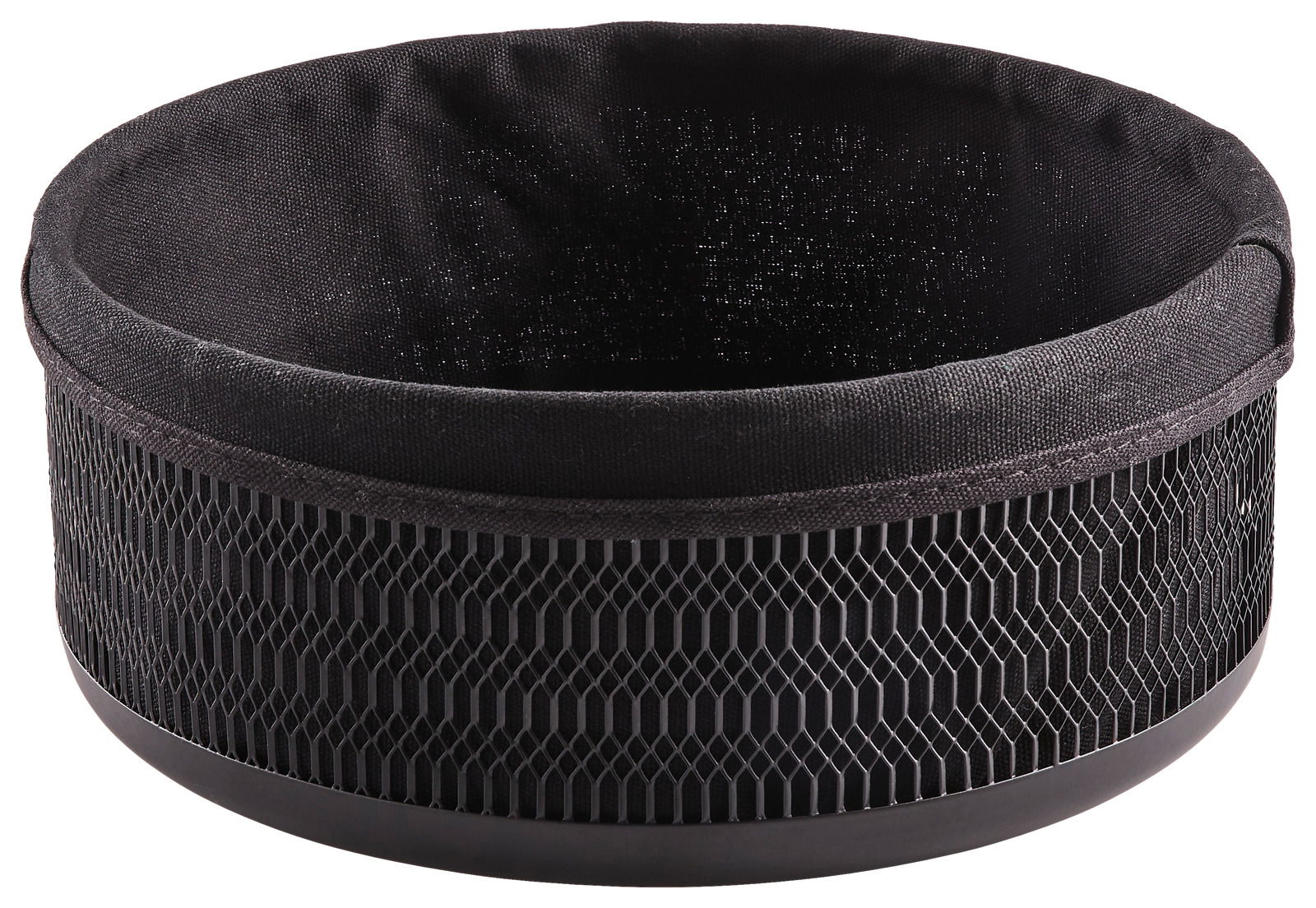 Schwarzer Brotkorb mit textiler Innenauskleidung und wabenförmigem Muster, seitliche Perspektive