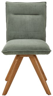 Grüner Stuhl mit geripptem Stoffbezug und Holzbeinen, Frontalansicht