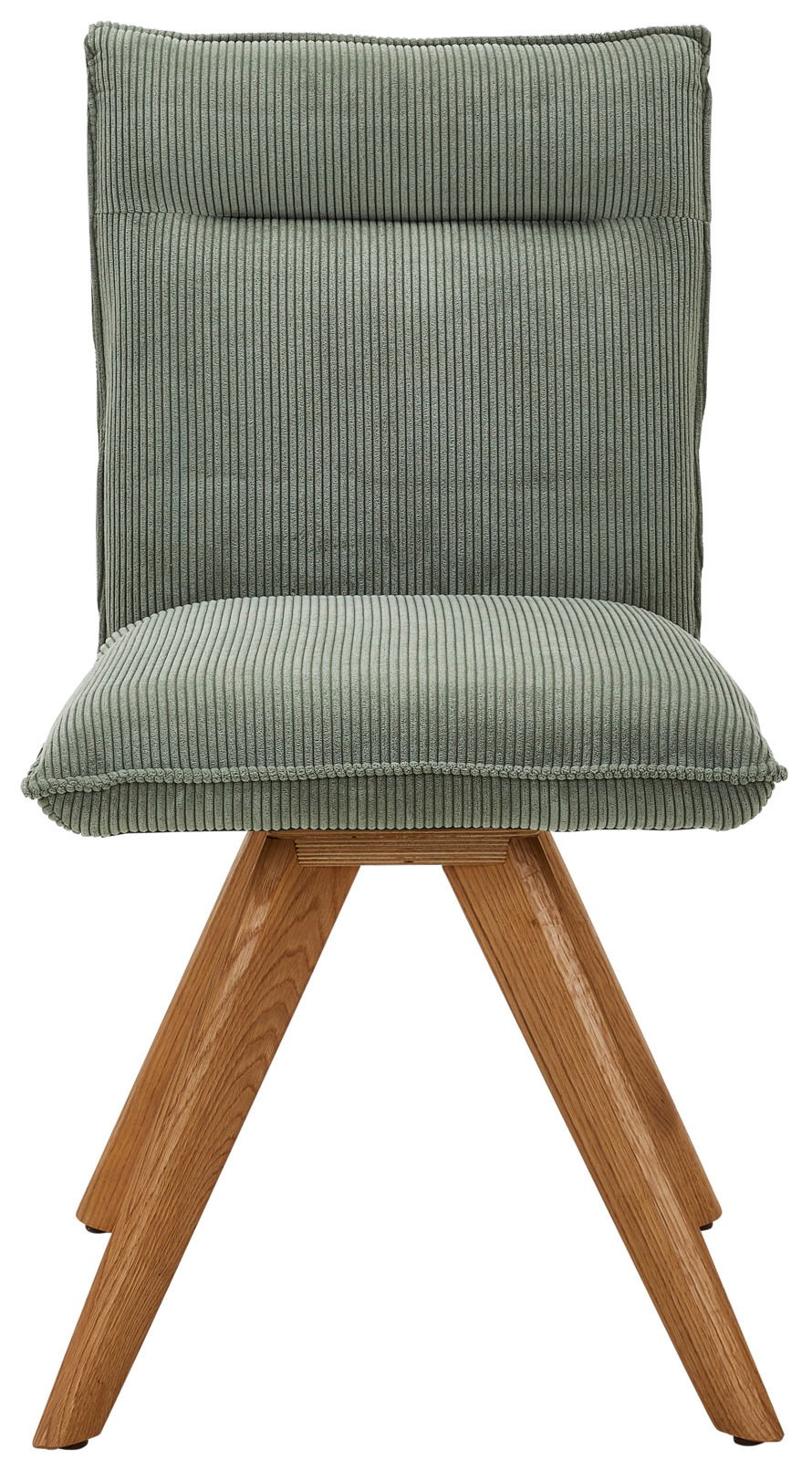 Grüner Stuhl mit geripptem Stoffbezug und Holzbeinen, Frontalansicht